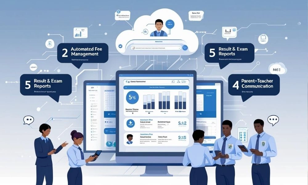 Animated graphic showing student management system benefits like enrollment, fee automation, attendance, reports, and communication