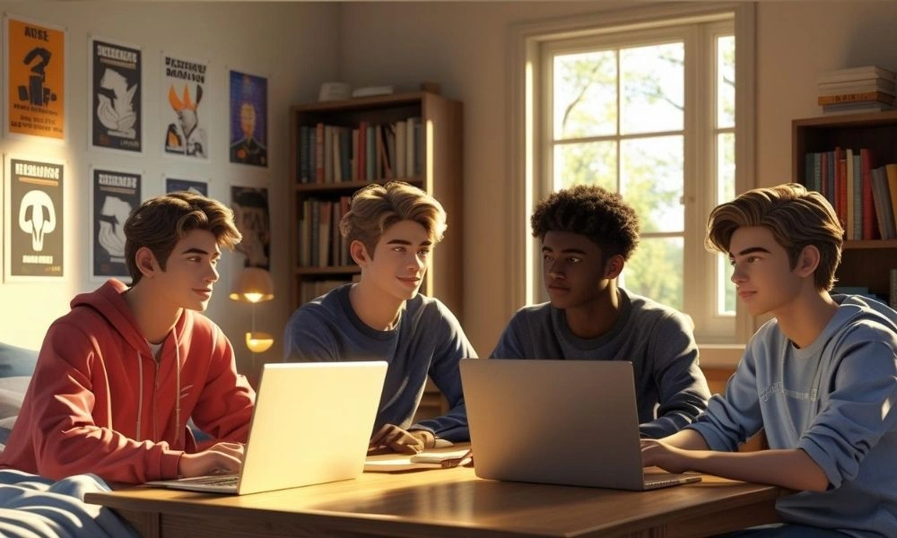 Students attending an online class on laptops from home