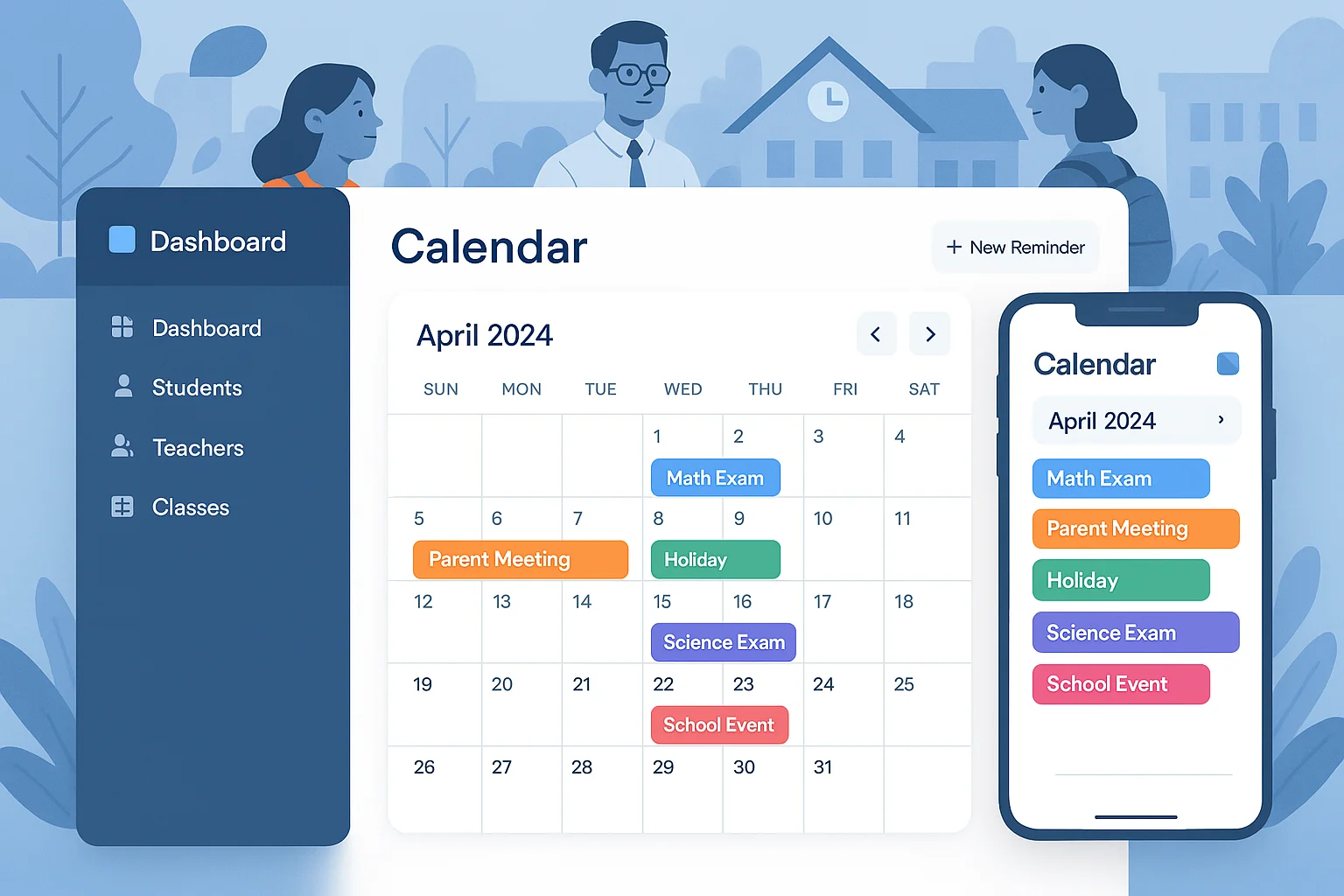 School digital calendar interface for events, exams, and announcements
