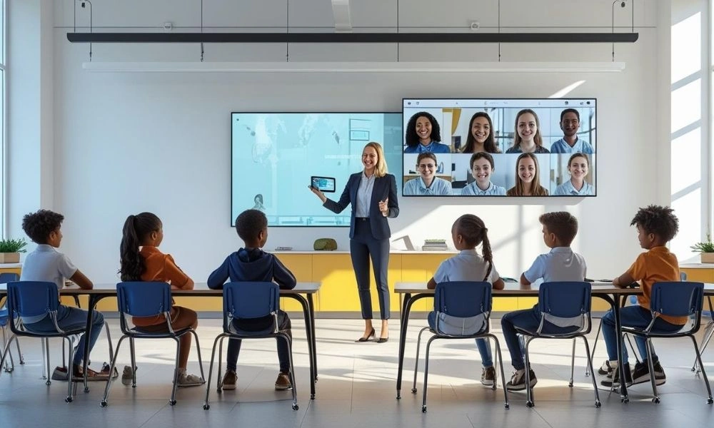 Hybrid classroom setup with physical and virtual students