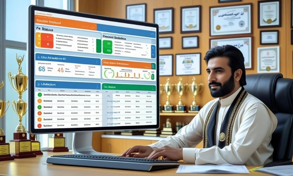 Pakistani school principal using an advanced education ERP