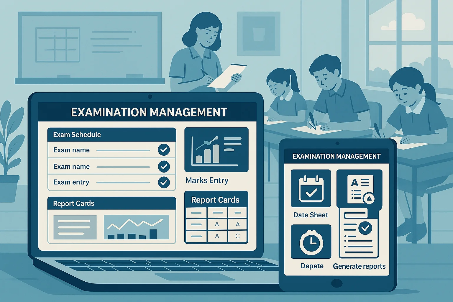 Examination Management System Dashboard with Exam Scheduling and Report Card Generation. Exams and Results Module