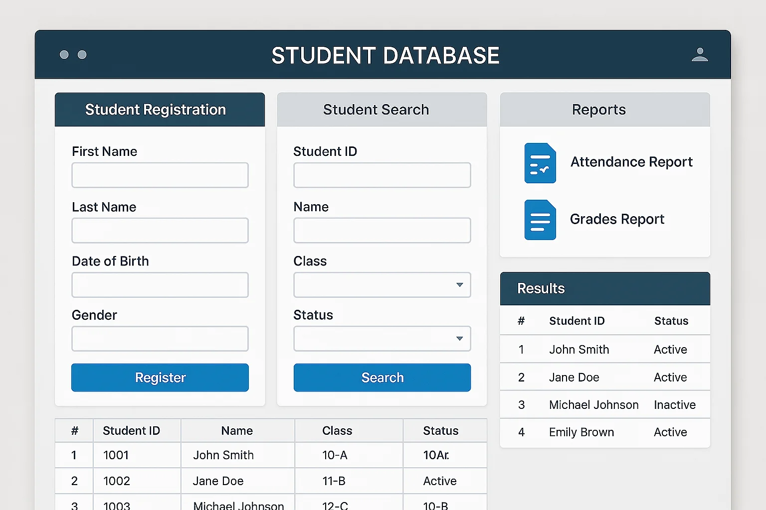 Student Database Management System interface