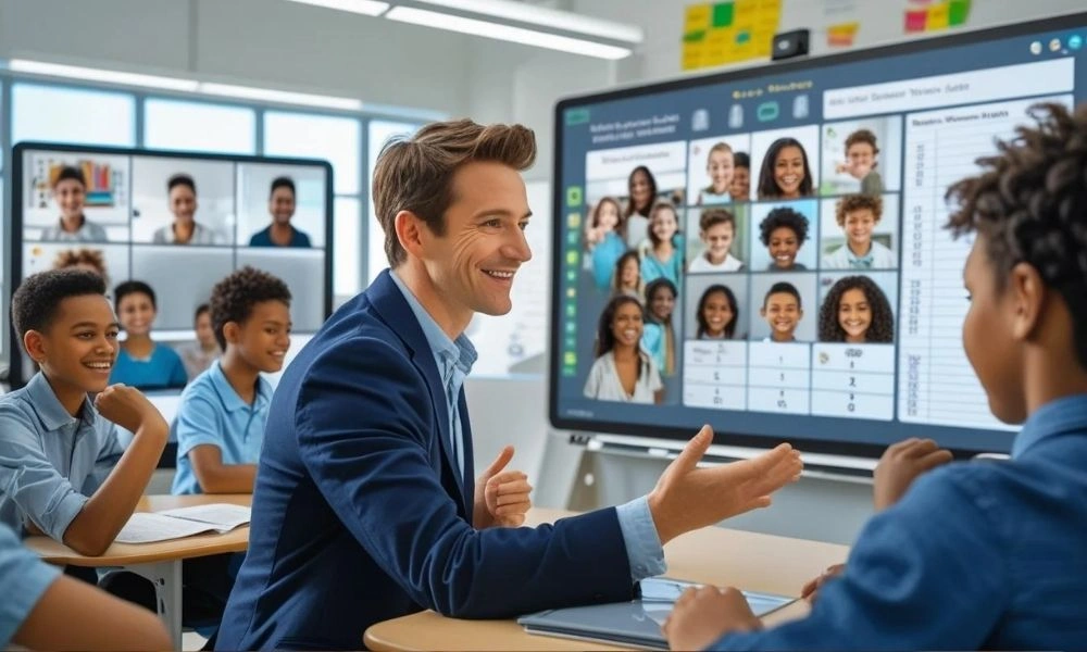 Teacher conducting live class using digital tools