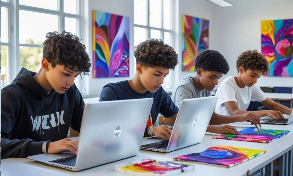 Students engaging in robotics and painting during STEAM activities.