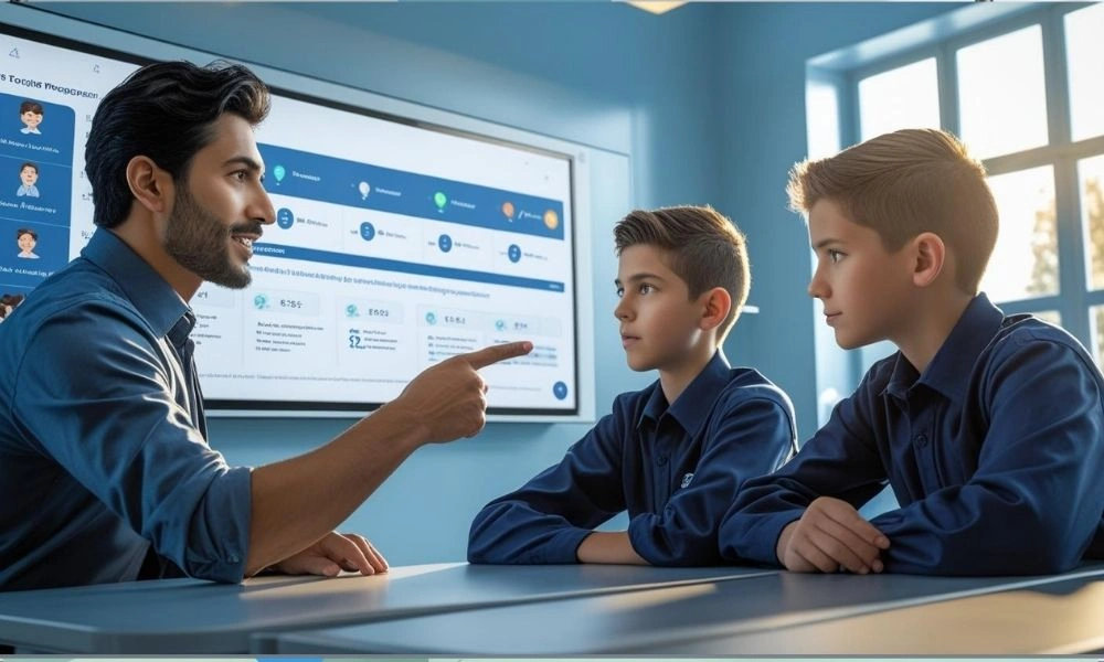 Students and teacher using a digital dashboard in a modern classroom.