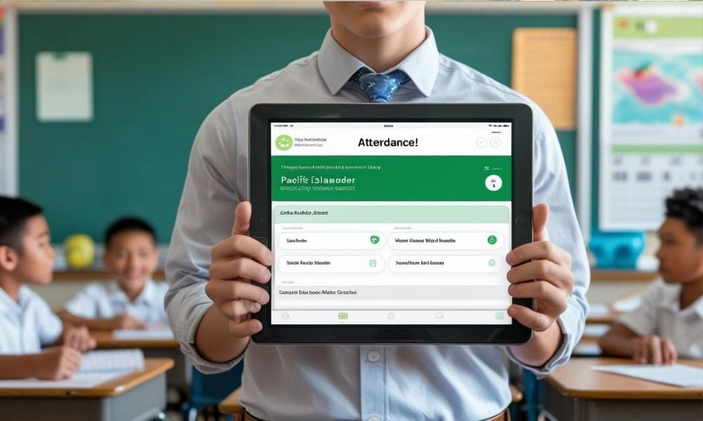 Teacher updating attendance using school mobile app